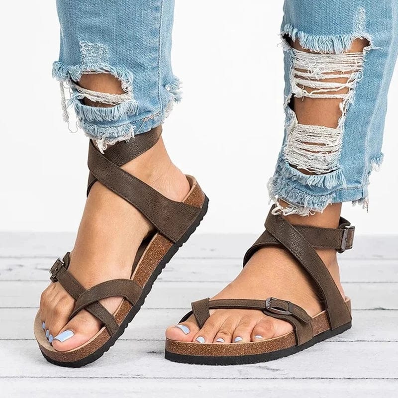 ChicSynth Women's Cork Sole Sandals - Adjustable Ankle Strap for Custom Fit