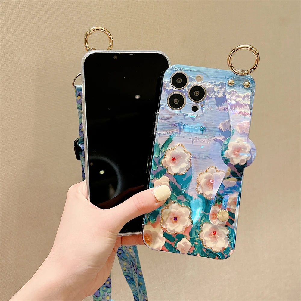Glitter Flower Lanyard Phone Case