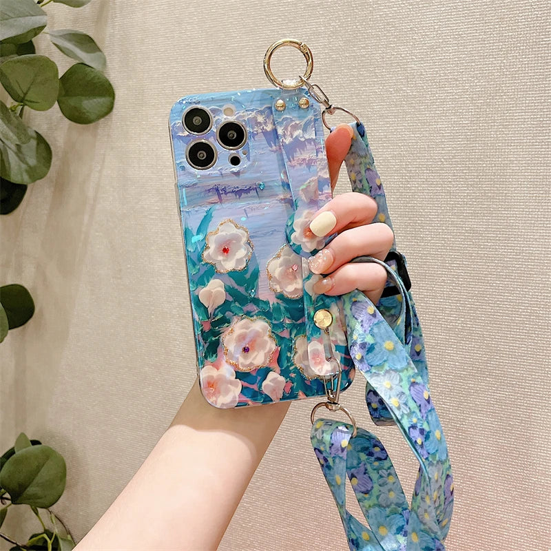 Glitter Flower Lanyard Phone Case