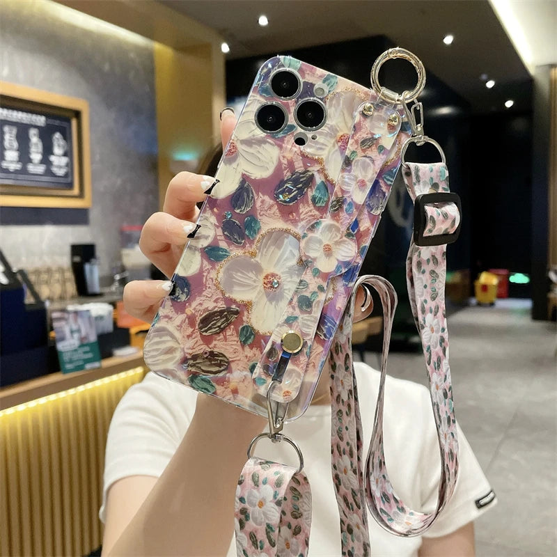 Glitter Flower Lanyard Phone Case