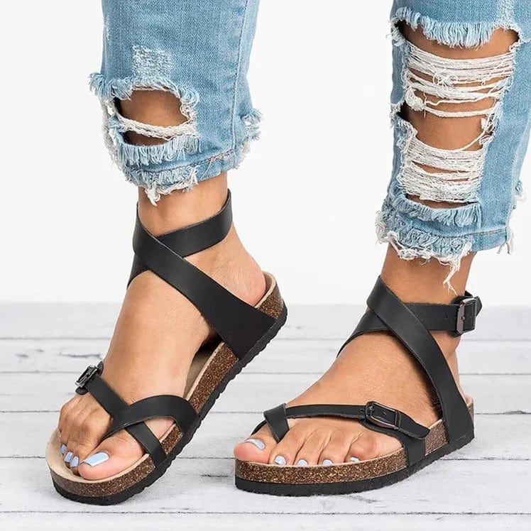 ChicSynth Women's Cork Sole Sandals - Adjustable Ankle Strap for Custom Fit