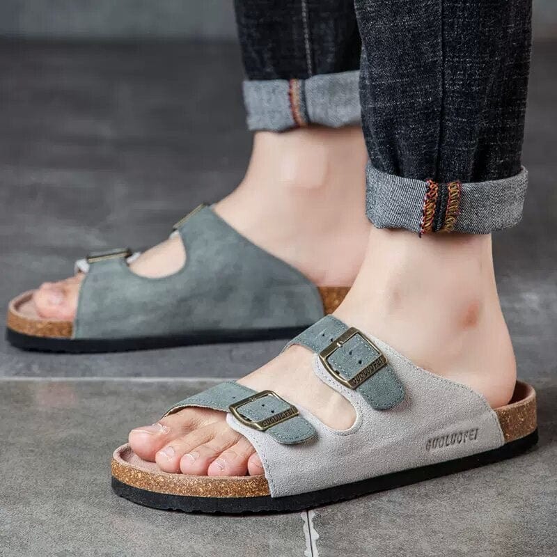 Exclusive Fluid™ Men's Beach Suede Cork Slipper: The Ultimate Bicolor Double Buckle Slide