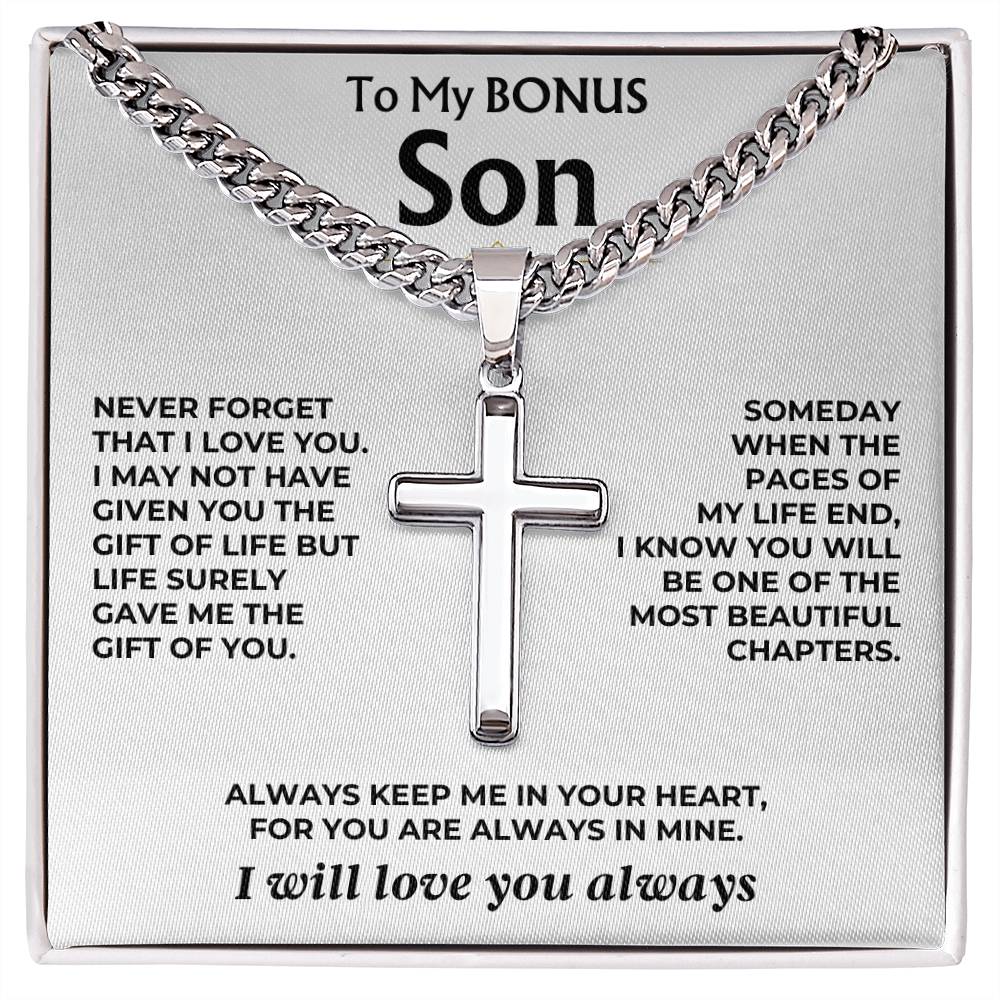 To My Bonus Son - Cuban Link - Artisan Cross - Gift Set - SS558S
