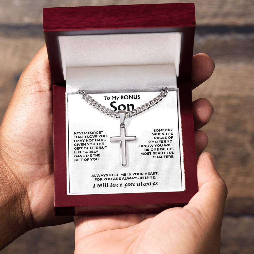 To My Bonus Son - Cuban Link - Artisan Cross - Gift Set - SS558S