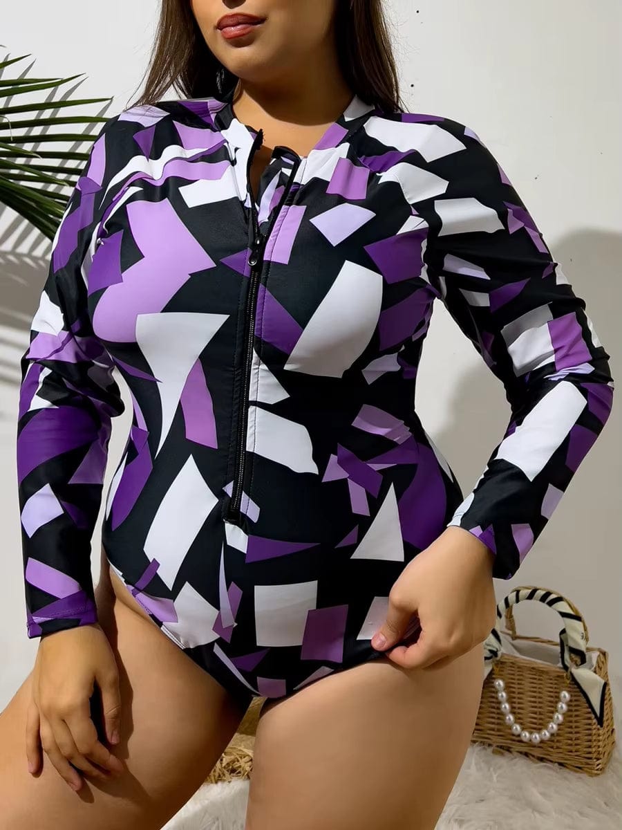2025 Large plus Size Long Sleeve Surfing Suit One Piece Swimsuit Women Swimwear Female Bathers Bathing Swimming Suit Beachwear