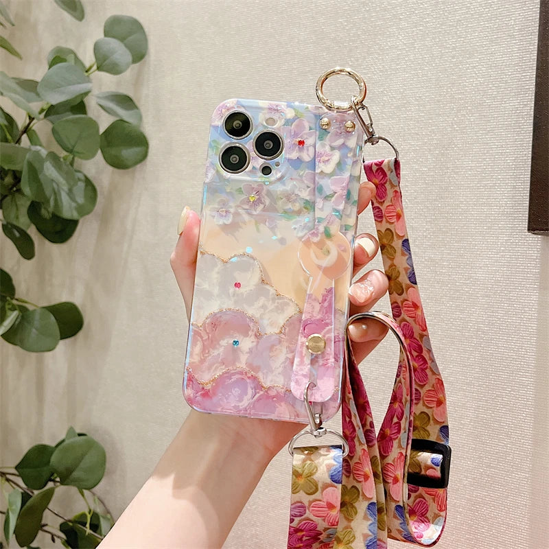 Glitter Flower Lanyard Phone Case