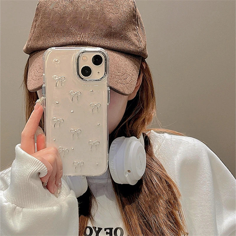 3D Glitter Silver Bow Beads Phone Case
