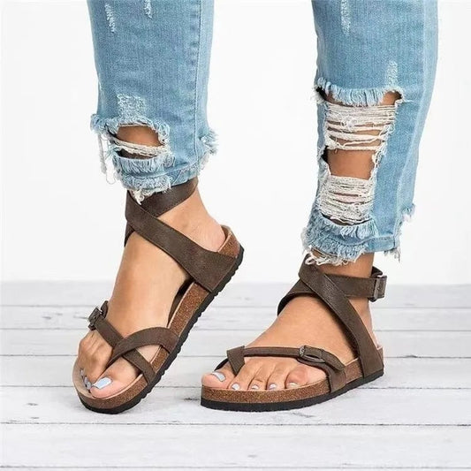 ChicSynth Women's Cork Sole Sandals - Adjustable Ankle Strap for Custom Fit