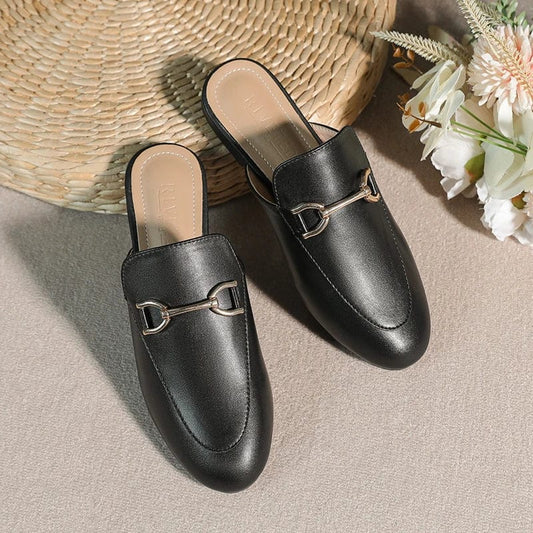 Classic Black Leather Loafers with Signature Metal Accent