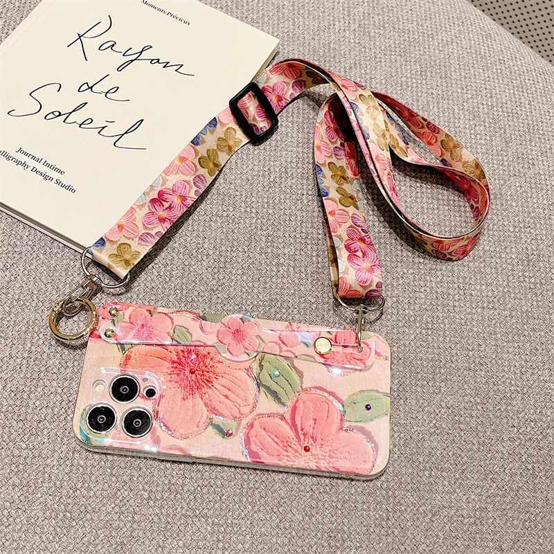 Glitter Flower Lanyard Phone Case