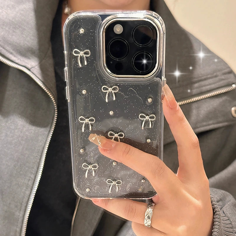 3D Glitter Silver Bow Beads Phone Case