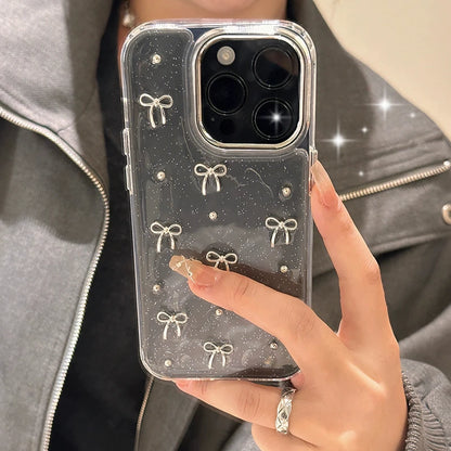 3D Glitter Silver Bow Beads Phone Case