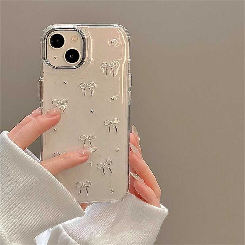 3D Glitter Silver Bow Beads Phone Case