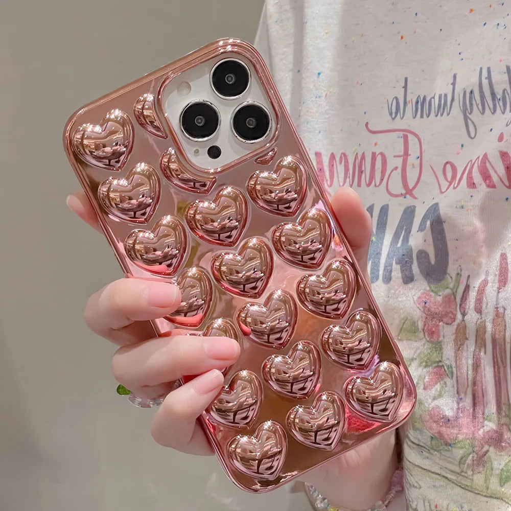 3D Heart Electroplated Phone Case For iPhone