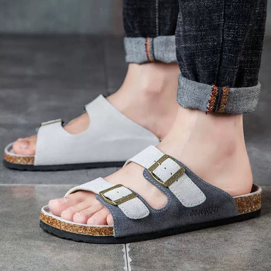 Exclusive Fluid™ Men's Beach Suede Cork Slipper: The Ultimate Bicolor Double Buckle Slide
