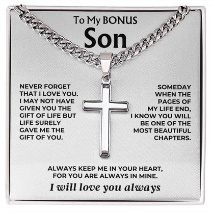 To My Bonus Son - Cuban Link - Artisan Cross - Gift Set - SS558S