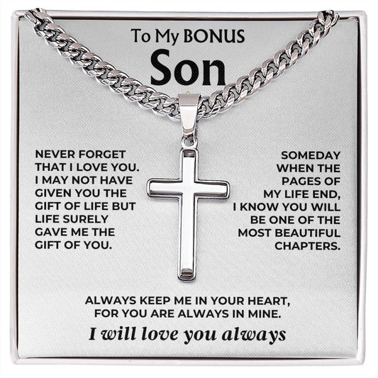 To My Bonus Son - Cuban Link - Artisan Cross - Gift Set - SS558S