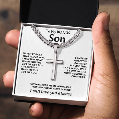 To My Bonus Son - Cuban Link - Artisan Cross - Gift Set - SS558S